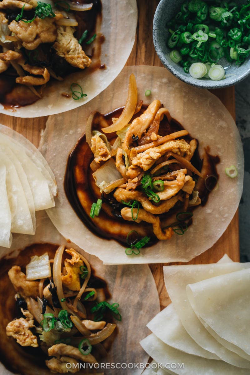 Moo shu chicken on moo shu wrapper