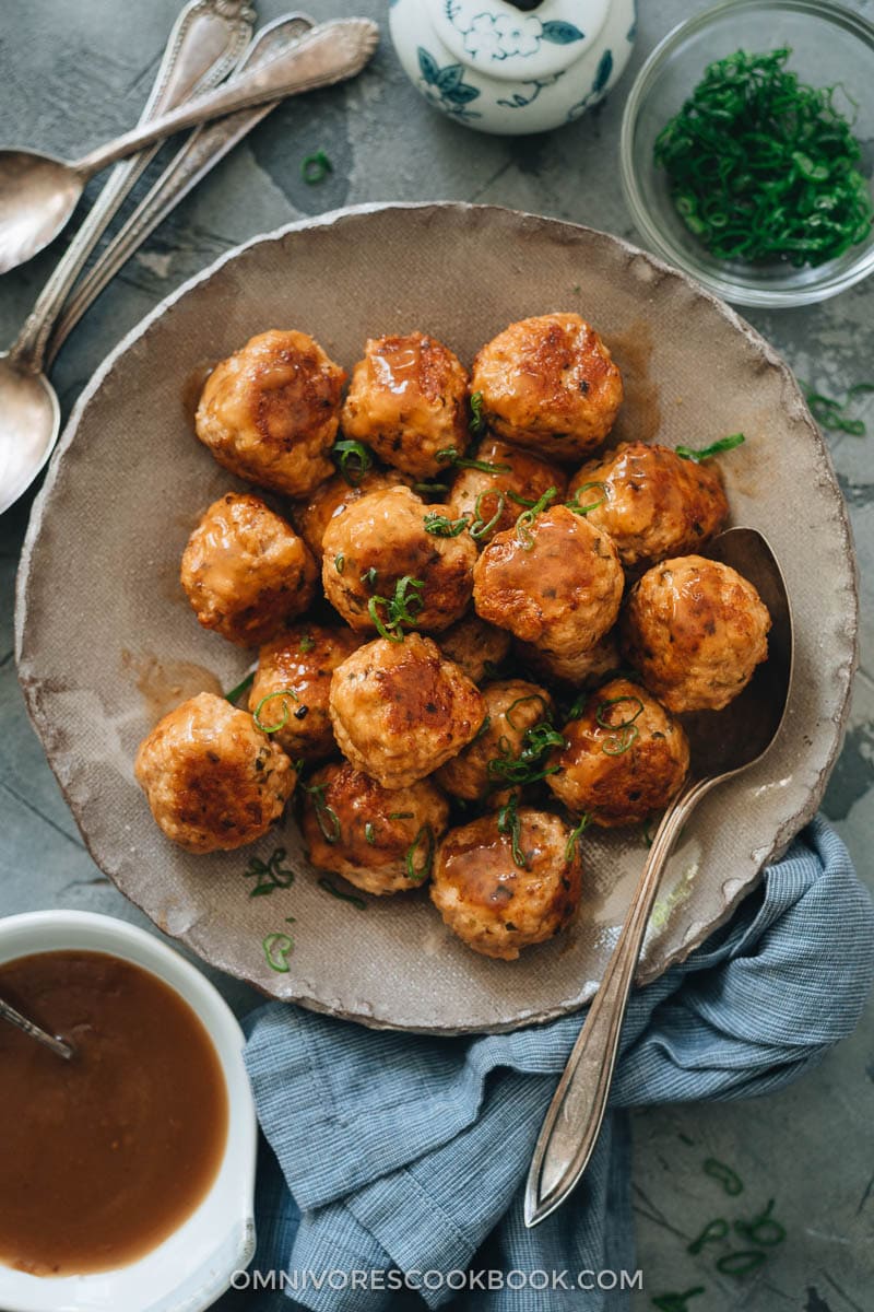 Glazed Chinese meatballs in a bowl