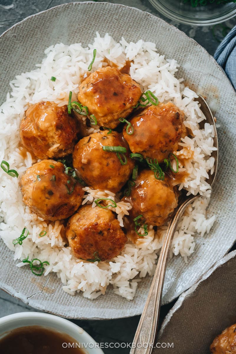Instant Pot meatballs served on rice close-up