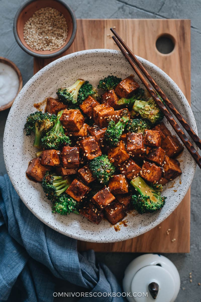 Chinese tofu and broccoli served with rice