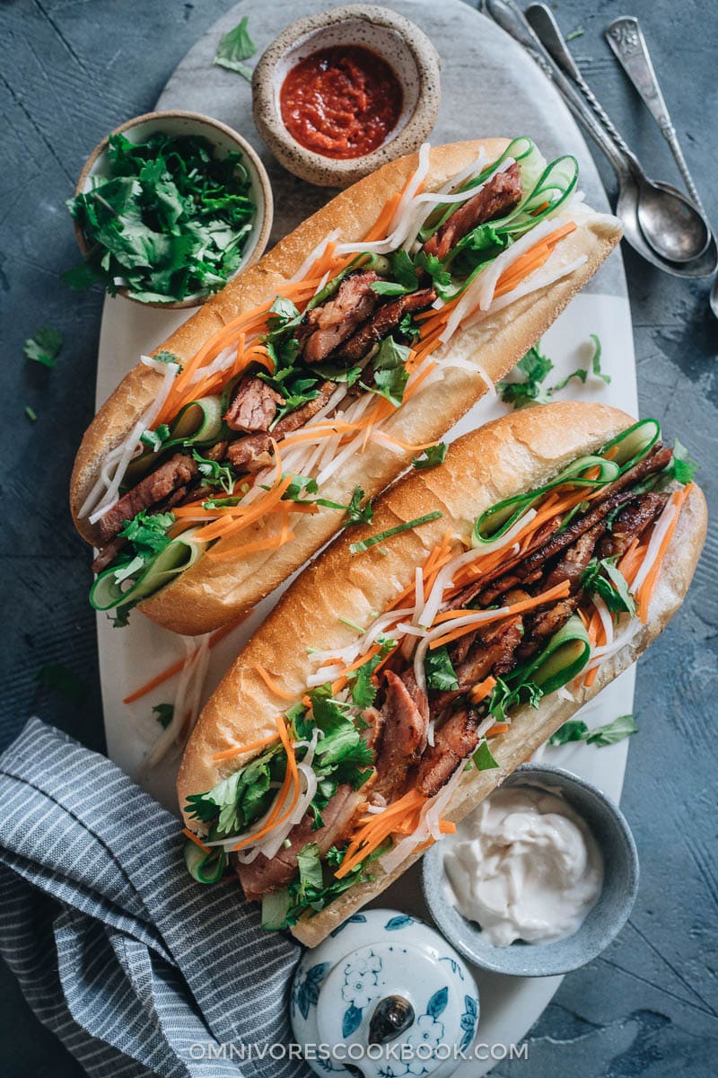 Homemade pork banh mi on a tray