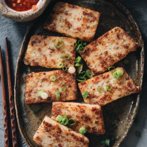 Chinese turnip cakes with dipping sauces