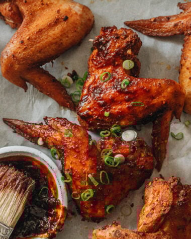 Baked Chinese hot wings close up