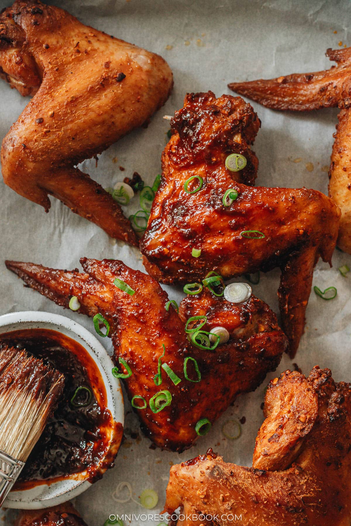 Baked Chinese hot wings close up