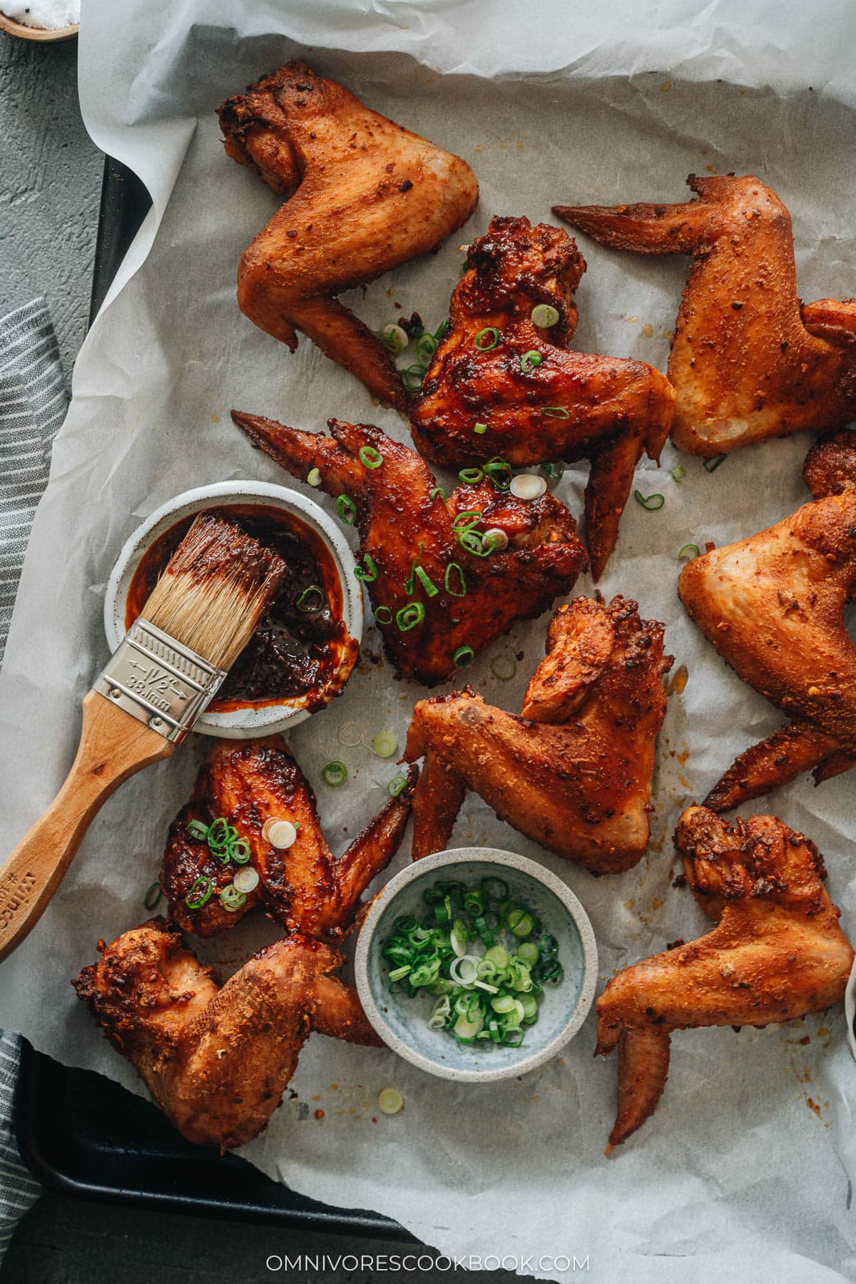 Baked Chinese hot wings brushed with hot sauce
