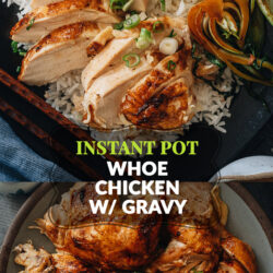 My Instant Pot whole chicken recipe brings you fall-off-the-bone flavorful chicken with a fragrant savory gravy. Use this easy brine to make the juiciest chicken and finish it up with a soy glaze for an extra kick.