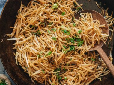 Stir fried bean sprouts in a pan