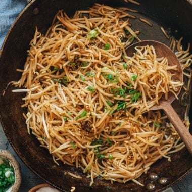 Stir fried bean sprouts in a pan