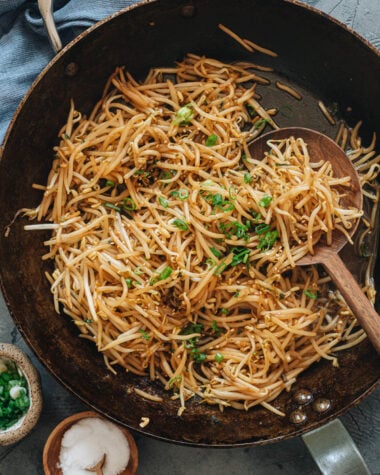 Stir fried bean sprouts in a pan