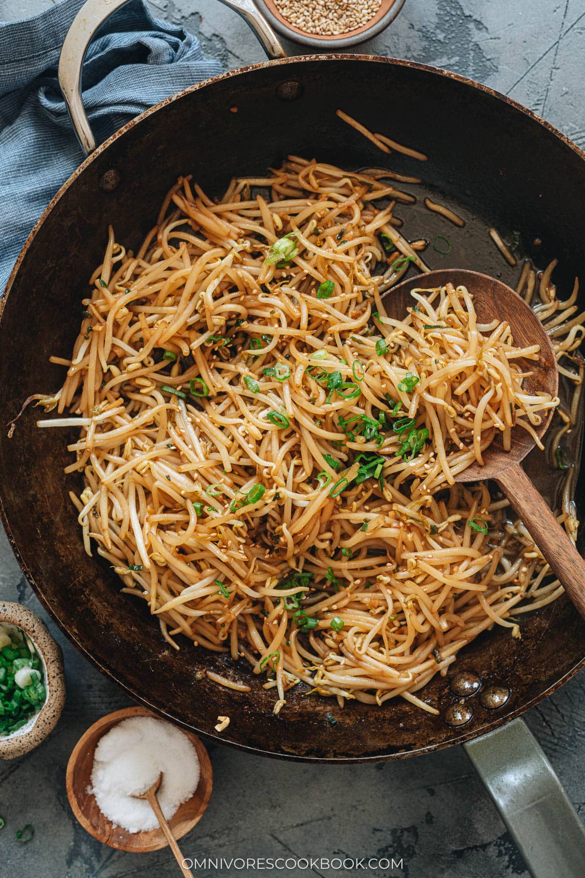 Stir fried bean sprouts in a pan