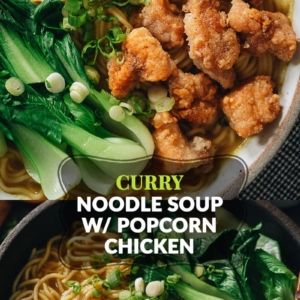 Surprise your taste buds with the textural and flavorful delights of my curry noodle soup. It’s full of fragrance and topped with perfectly crispy bites of popcorn chicken and leafy green bok choy for balance!