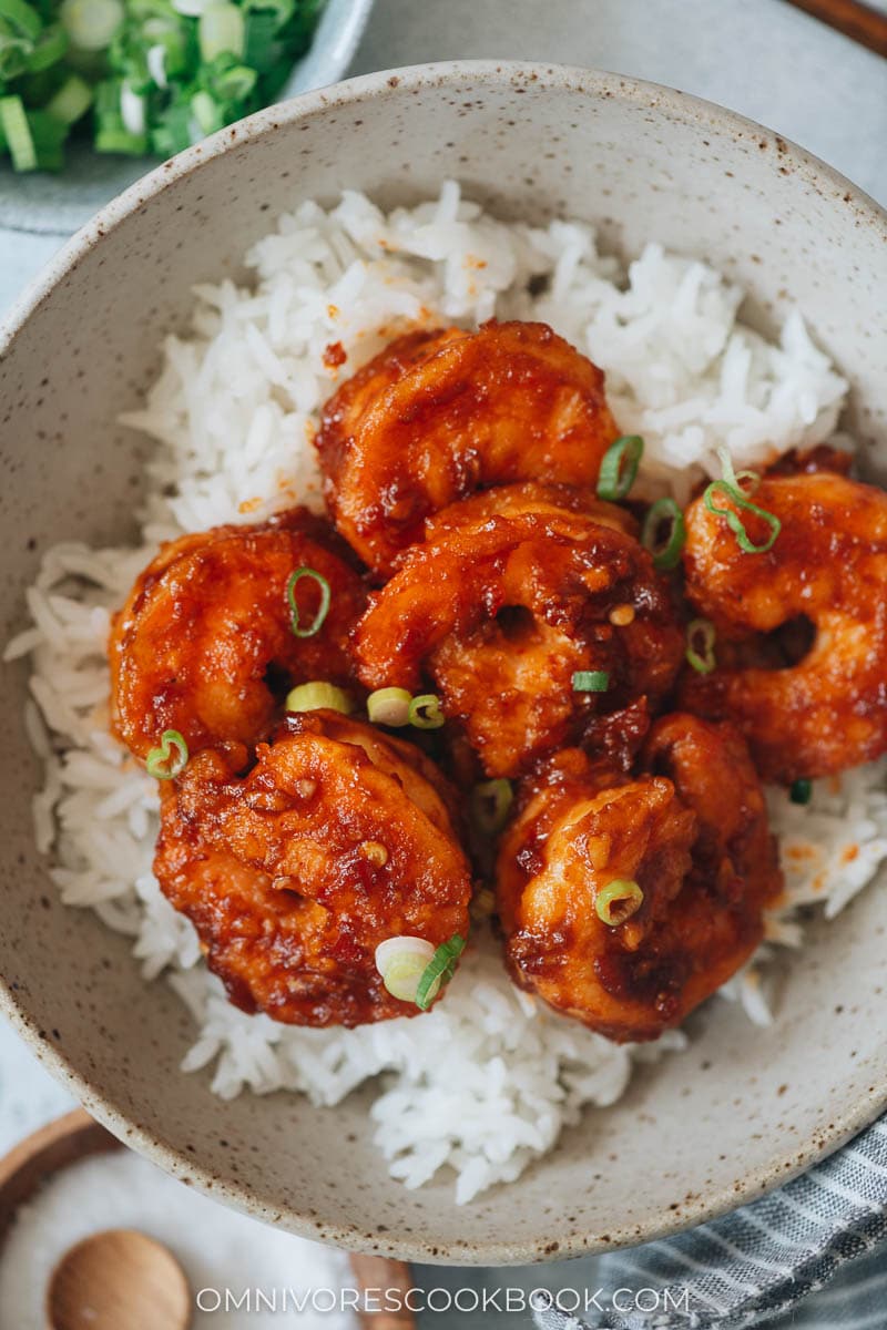 Shrimp in chili garlic sauce with rice close up