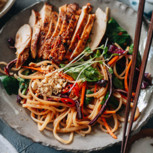 Crunchy, spicy and slightly sweet, my spicy rice noodle salad makes a versatile and delightful meal any time! You only need to mix one sauce, to use both as the marinade and the noodle sauce. Even better, the marinade works with all kinds of protein: chicken, shrimp, tofu, you name it! {Gluten-Free, Vegetarian/Vegan-Adaptable}