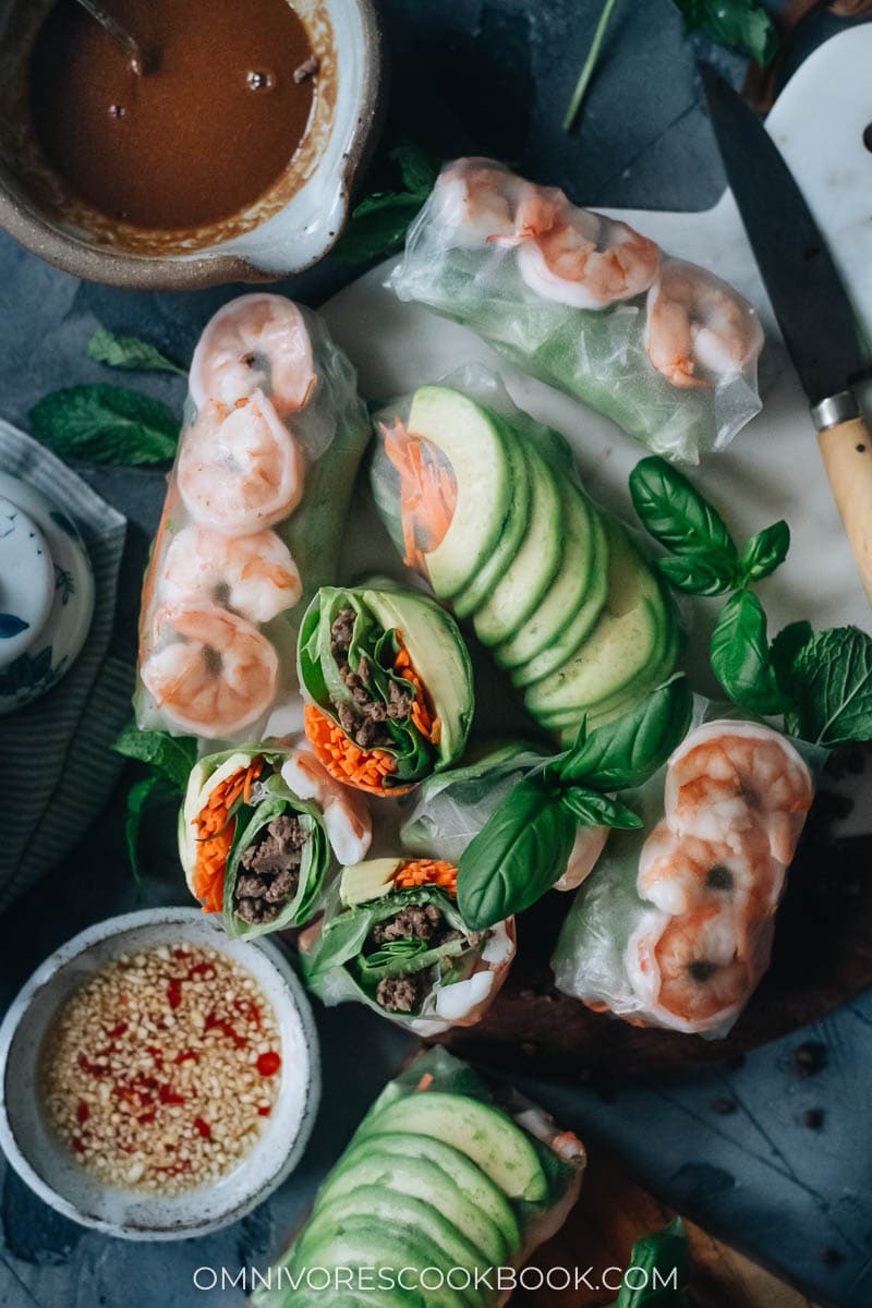 Rice paper rolls with dipping sauces