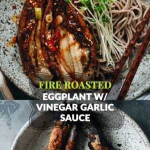This fire roasted eggplant recipe evokes kitchen creativity with a sauce that melds savory, sweet, sour, and garlicky flavors together with a rich and buttery texture. This recipe teaches you how to roast eggplant on a gas stove and create a one-bowl meal in no time! {Vegan}
