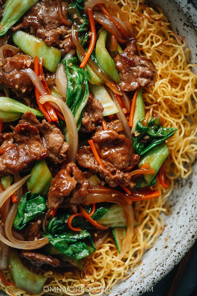 Hong Kong beef pan fried noodles close-up