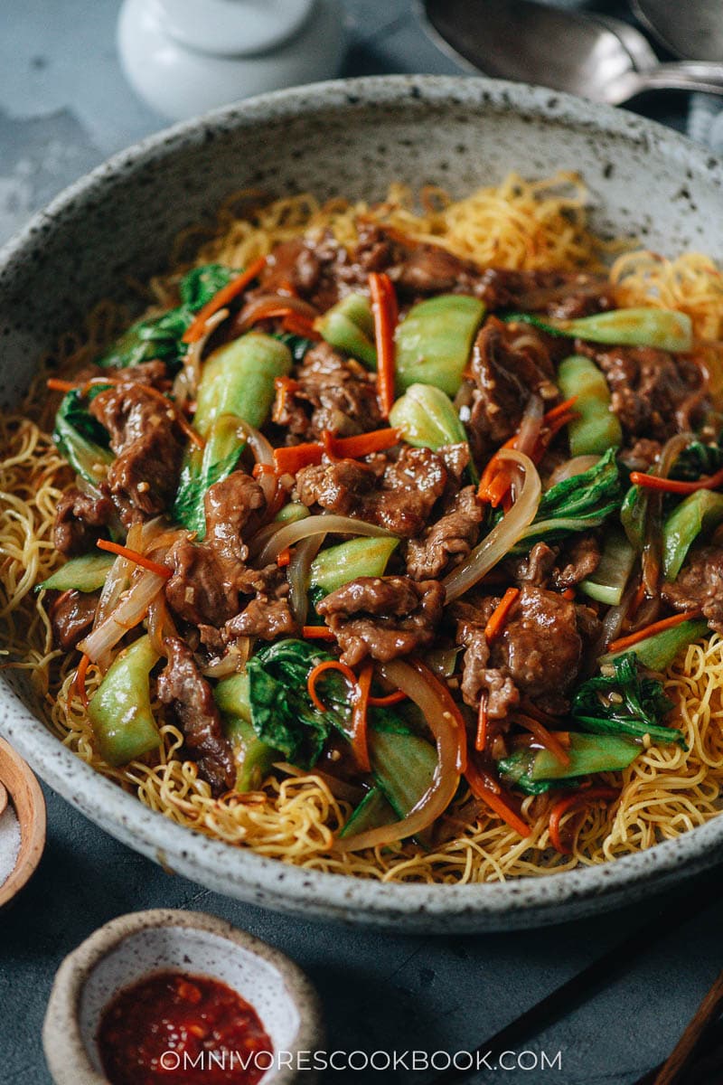 Hong Kong pan fried noodles with beef and baby bok choy