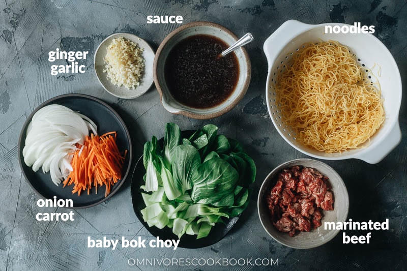 Ingredients for making beef pan fried noodles