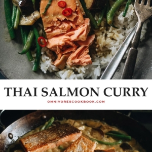 Delicious and balanced, this salmon curry features crispy skin and plenty of veggies in a creamy green coconut curry inspired by Thai cuisine. {Gluten-Free}