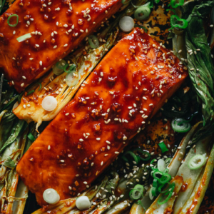Salmon glazed with sweet and sour sauce