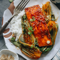 This super-simple sheet pan dinner of salmon bok choy is healthful and delicious for an impressive dish to serve guests or a good-for-you meal that’s ready super-fast! {Gluten-Free adaptable}