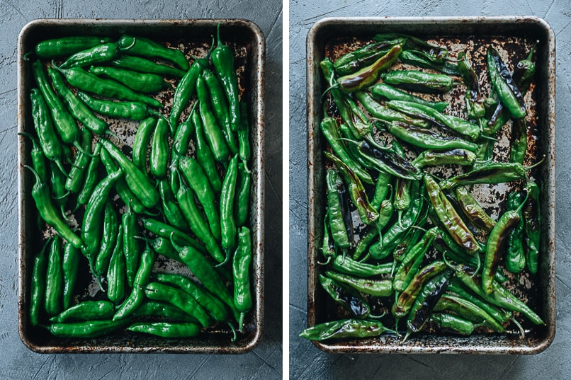 Roast shishito peppers in a pan