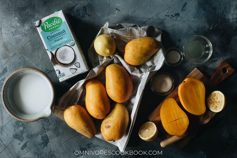 Ingredients for making vegan mango puddings