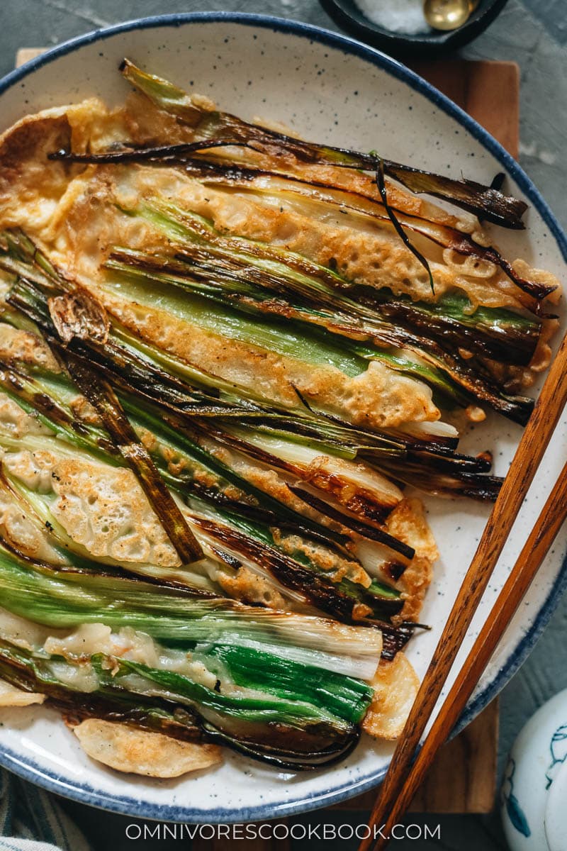 Korean scallion pancakes closeup