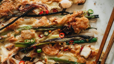 Korean seafood pancake close-up