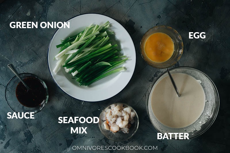 Ingredients for making Korean seafood pancakes