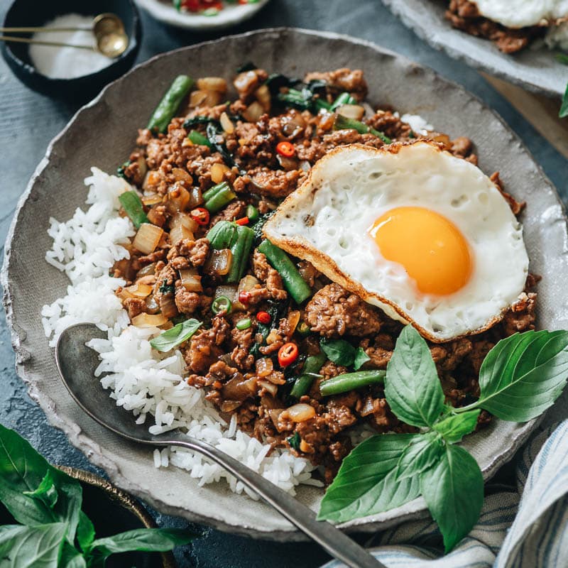 Stir-fried minced chicken with holy basil (pad grapao gai)