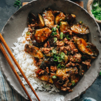 Full of flavor, mapo eggplant is richly savory, spicy, and fragrant, not to mention quick and easy for any night you want a hearty and healthy Chinese dish. {Vegan-Adaptable}