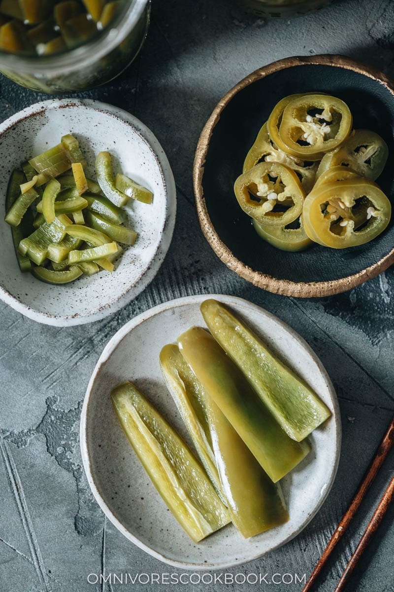 Chinese pickled peppers in plates
