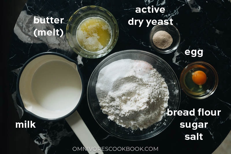 Ingredients for milk bread bun dough