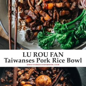 Take your taste buds to Taiwan with the classic one-bowl Lu Rou Fan: a dish of tender-braised pork belly with a rich and savory gravy, eggs, and veggies over steamed rice.