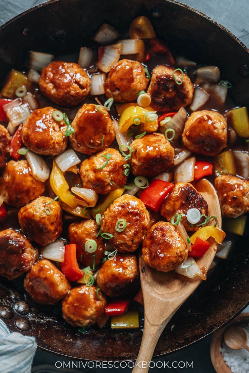 Sweet and sour meatballs closeup