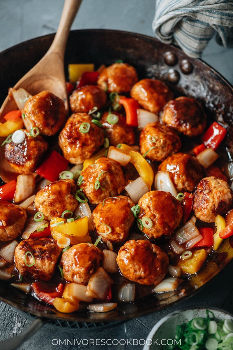 Chinese meatballs with sauce in a pan