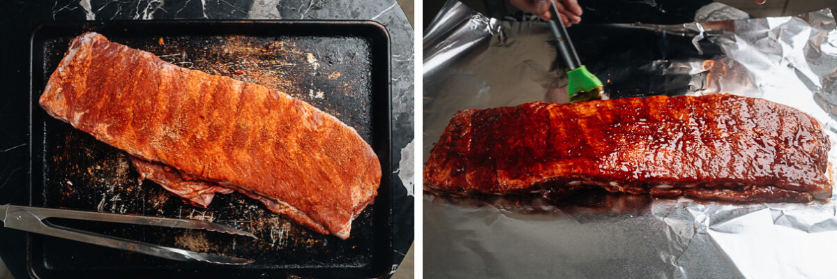 Adding dry rub and sauce to the pork