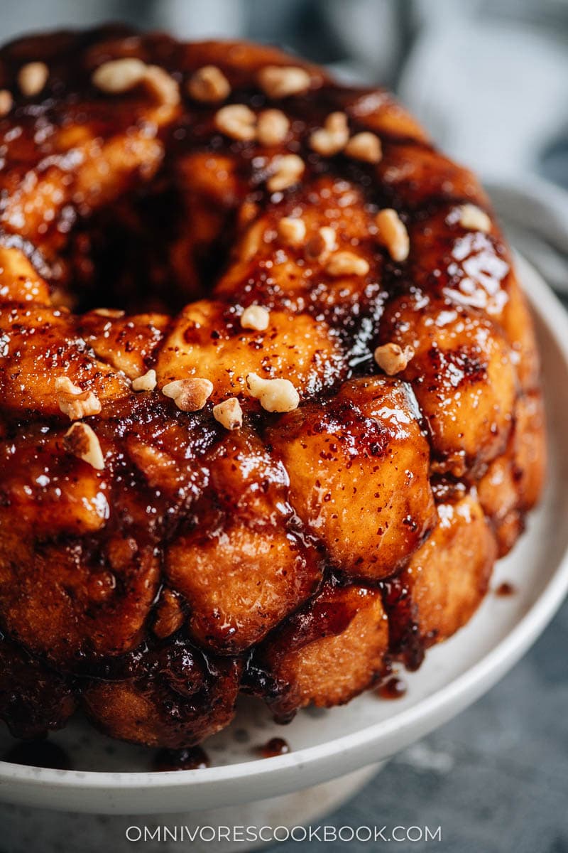 Monkey bread close-up with walnut garnish