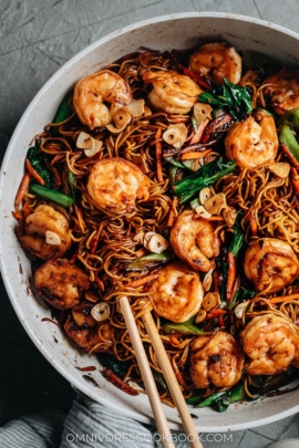 XO noodles with shrimp in a pan close-up