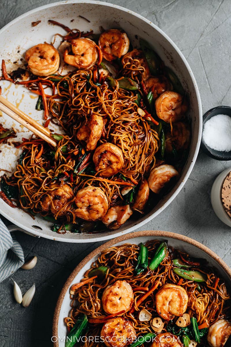 XO noodles with shrimp in a pan close-up