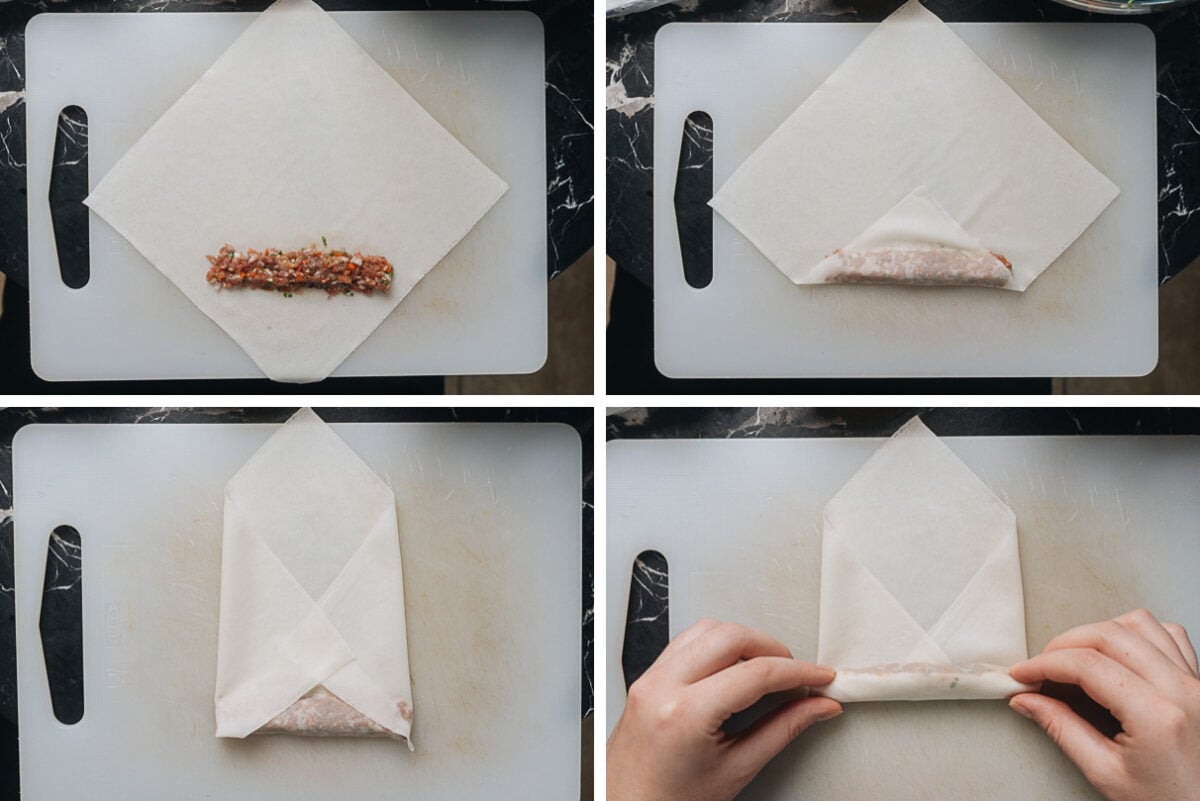 Step-by-step folding process for wrapping Lumpia Shanghai rolls.