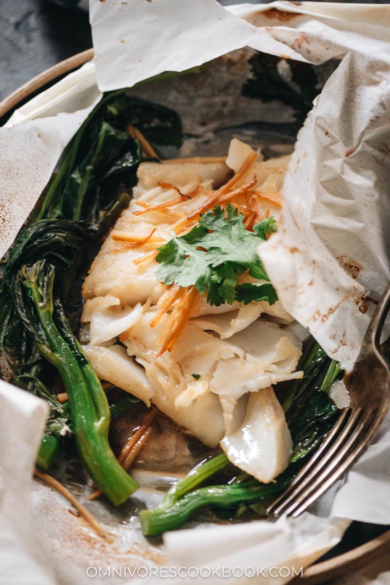 Chinese-style fish en papillote close-up