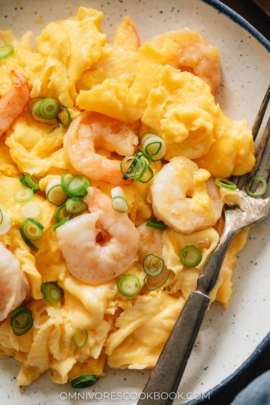 Chinese eggs and shrimp stir fry close-up