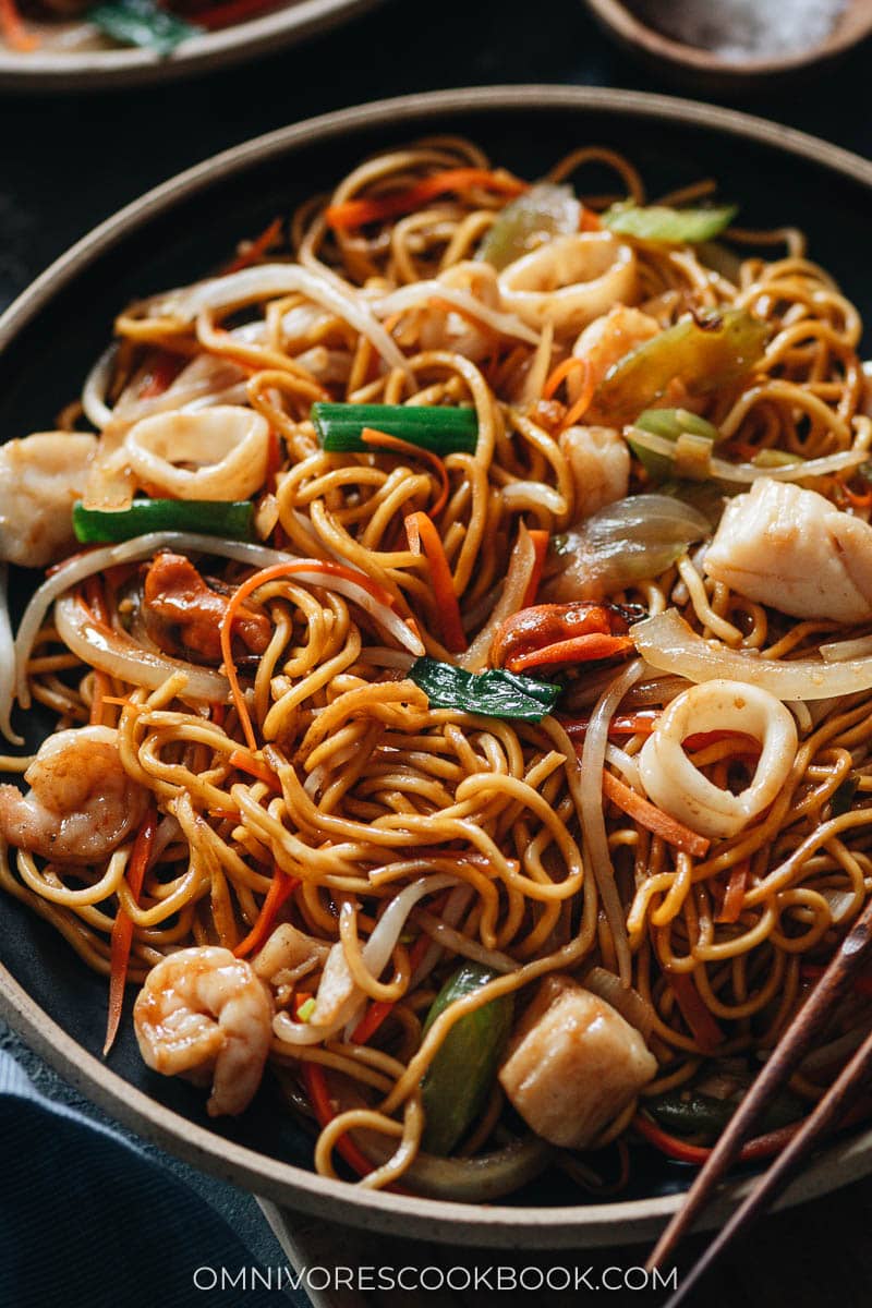 Seafood chow mein close up