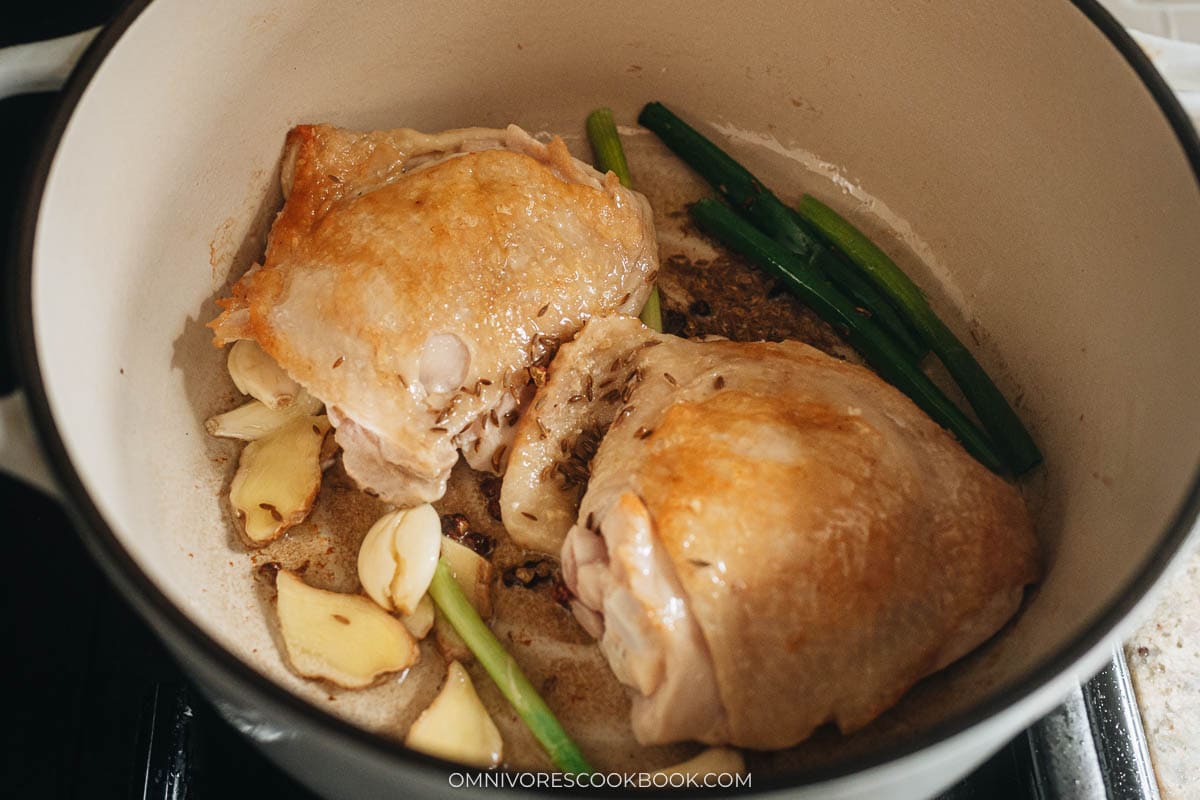 Browning chicken and aromatics