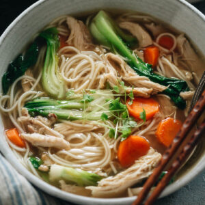 Chinese chicken noodle soup in a bowl