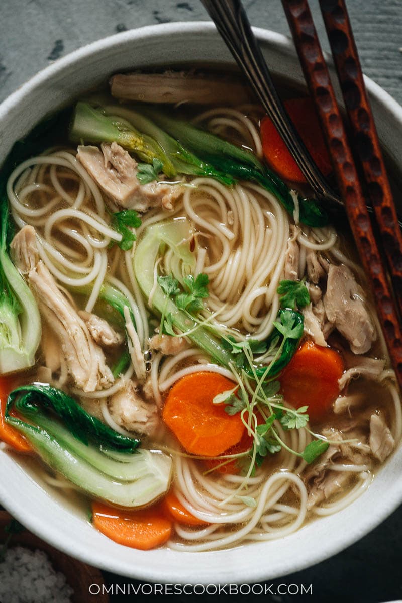 Chinese chicken noodle soup close up