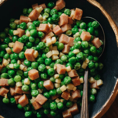 Green peas stir fry close up
