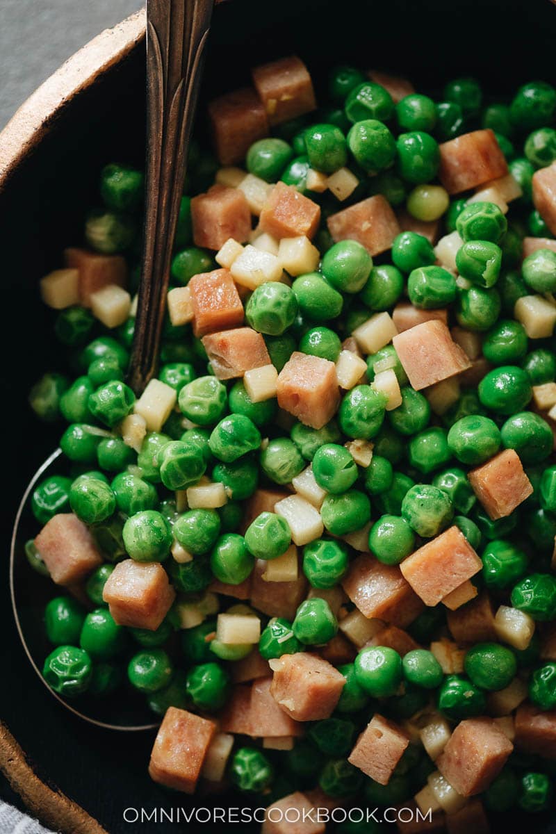 Green peas with Spam and bamboo shoot close up